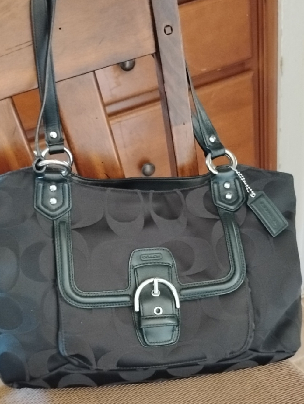 Coach Black Signature Canvas Shoulder Bag and Free Wallet